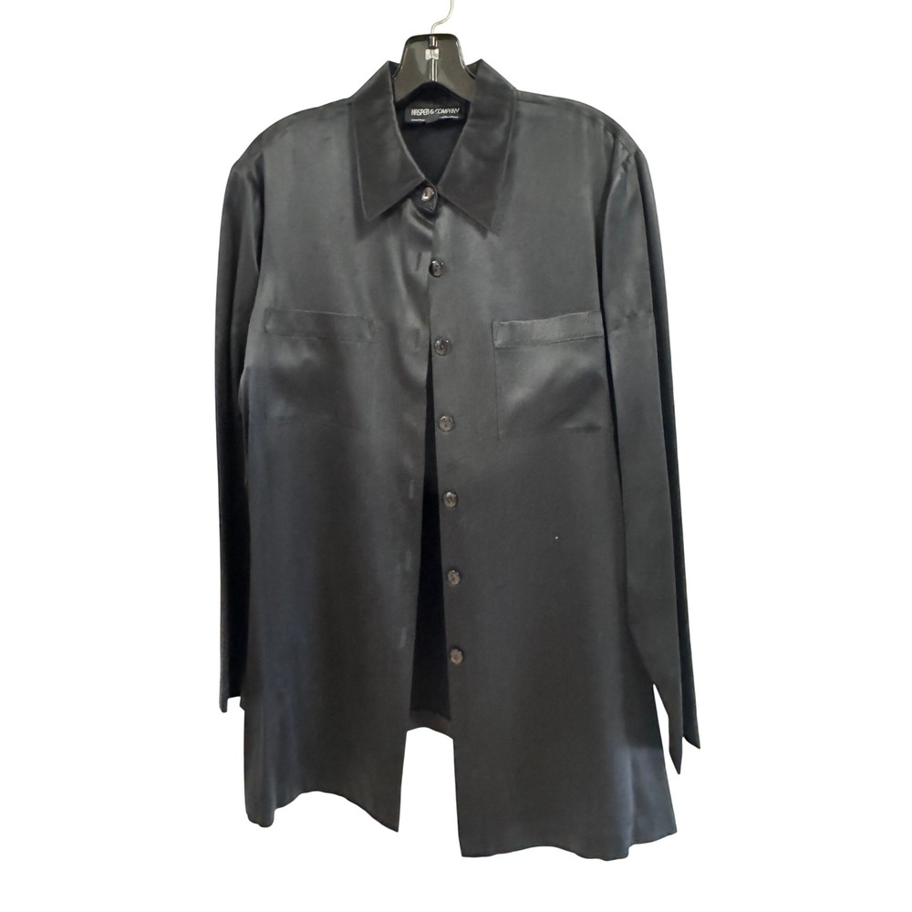Kasper & Company ASL Black 100% Silk Button Down Long Sleeve Blouse Womens 12